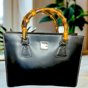 Dooney & Bourke Vintage Black Leather Satchel Bag with Bamboo Handles - EUC